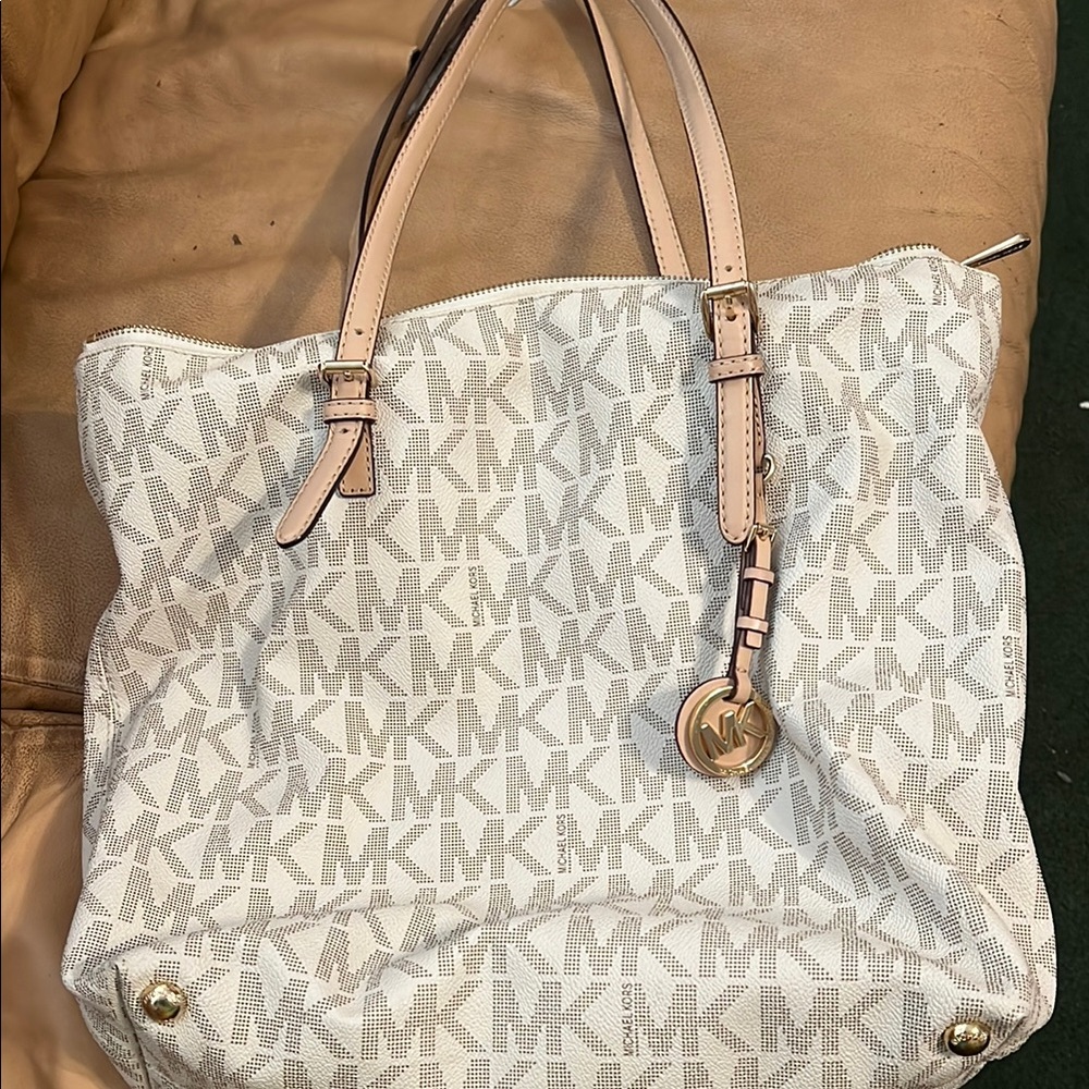 Michael Kors White and Tan Tote Bag with Iconic MK Logo
